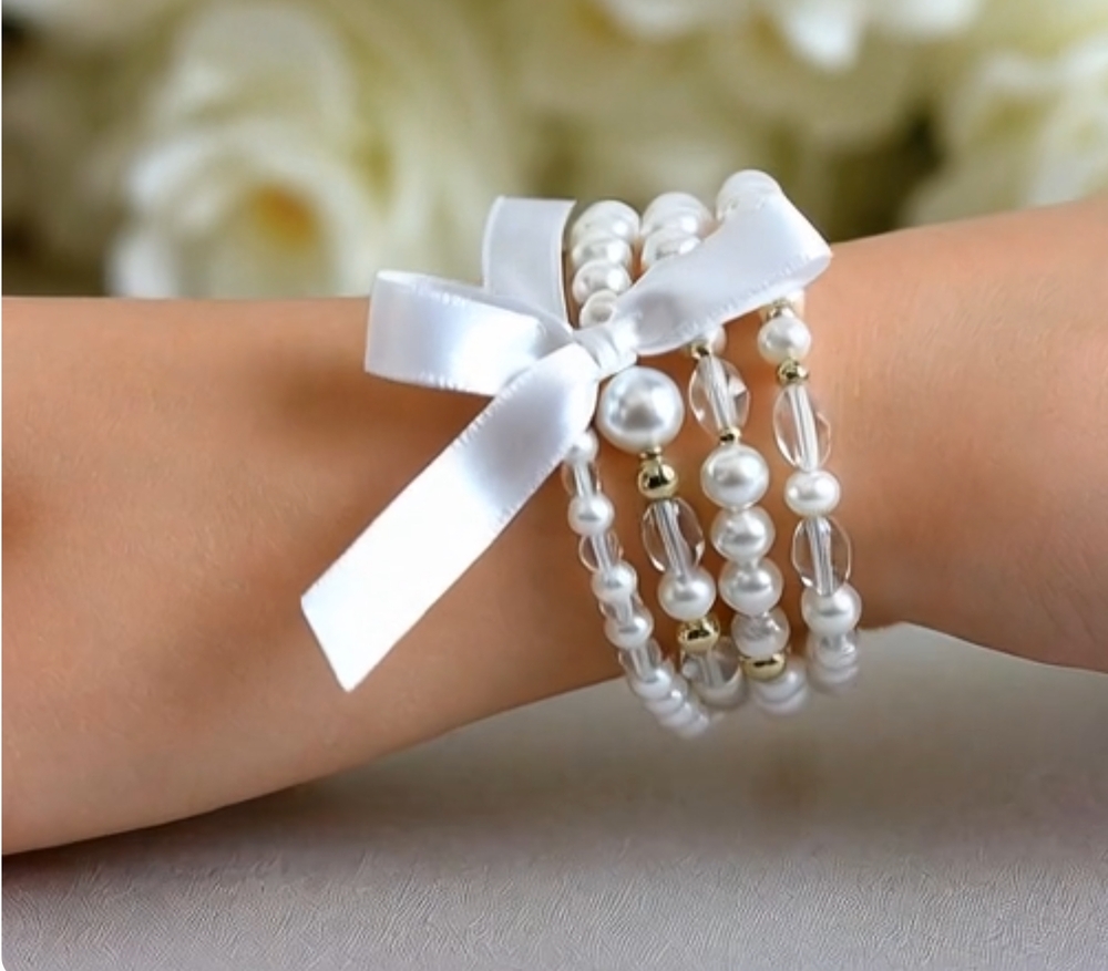 Layered Beaded Three  White Pearl Ribbon Bow Bracelet Wedding Accessories NWOT